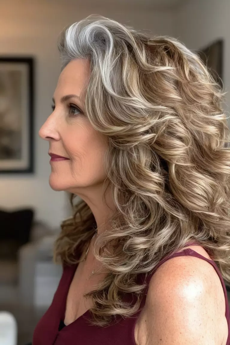 Layered Waves for Thick Hair A photo of a 57-year-old Stephanie, layered wavy thick hair, side view, living room background
