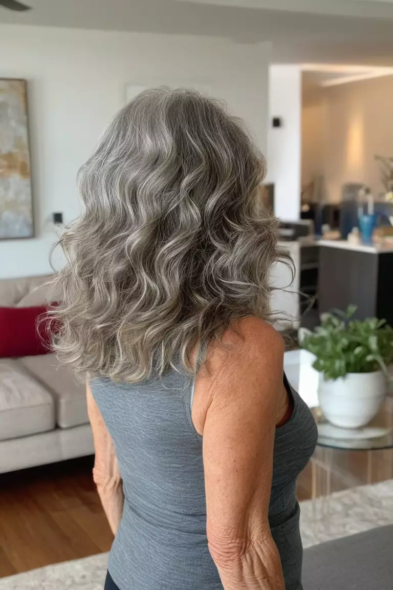 Long Wavy Layers A photo of a 62-year-old Ruth, long wavy layers falling past shoulders, back view, living room background