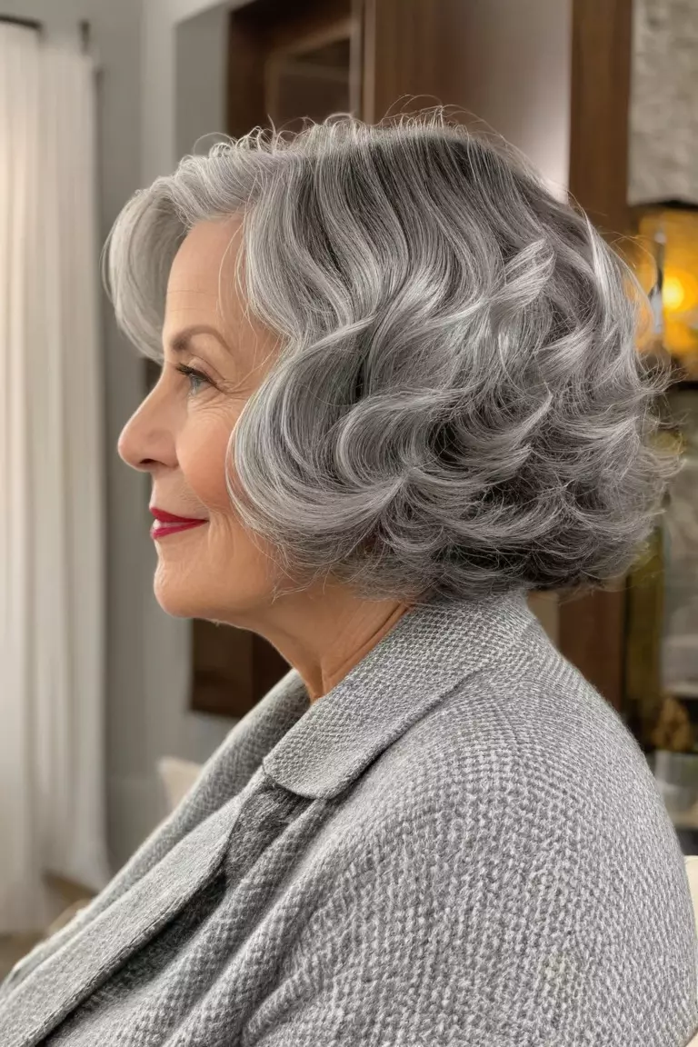 Retro Wavy Bob A photo of a 57-year-old Judith, retro wavy gray bob, side view, living room background