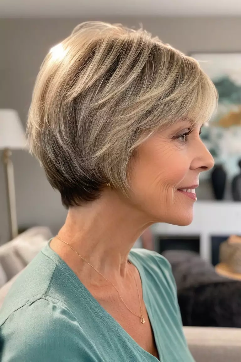 Pixie Bob A photo of a 58-year-old Linda, pixie bob haircut, side view, living room background