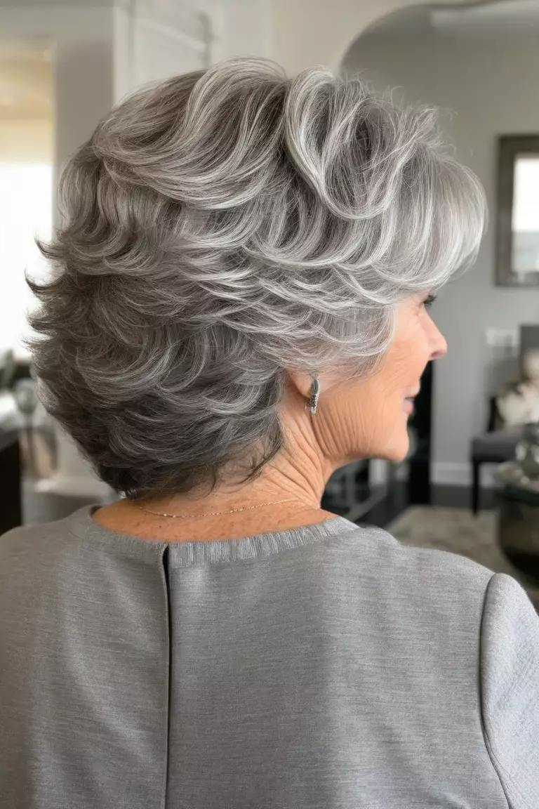 A photo of a 67-year-old Sarah, tapered wavy silver layers, back view, living room background