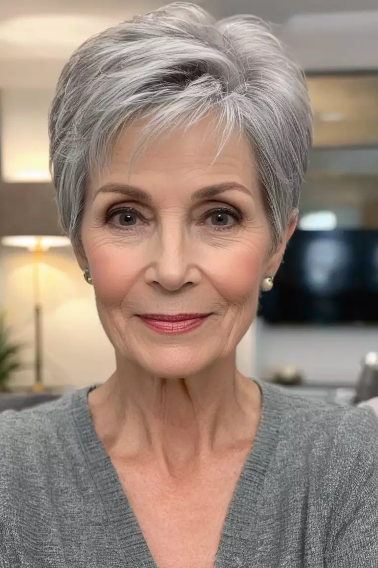 A photo of a 62-year-old Patricia, gray pixie with long top, front view, living room background