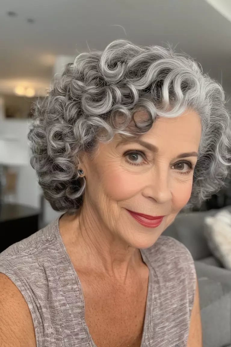 Short Curls A photo of a 58-year-old Betty, short gray curls, front view, living room background