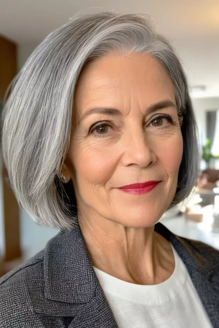 Side-Parted Gray Bob A photo of a 52-year-old Ruth, side-parted gray bob, side view, living room background