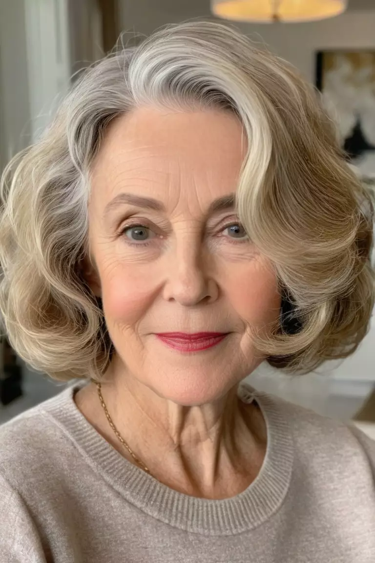 A photo of a 61-year-old Frances, soft wavy bob at chin length, front view, living room background