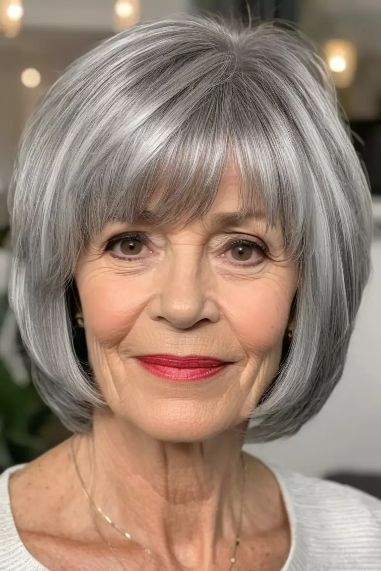 A photo of a 60-year-old Carol, textured layered silver bob with bangs, front view, living room background