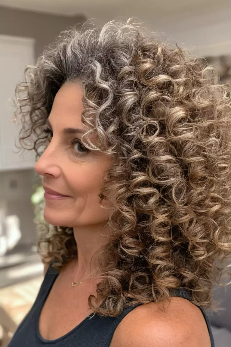 Medium-Length Curls A photo of a 53-year-old Jennifer, medium-length curly hair, side view, living room background