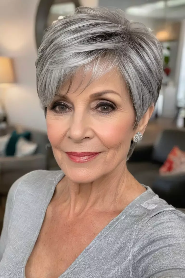 A photo of a 61-year-old Nancy, layered silver pixie with side-swept bangs, front view, living room background