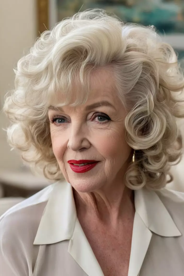 Layered Waves with Bangs A photo of a 65-year-old Marilyn, layered wavy hair with full bangs, front view, living room background
