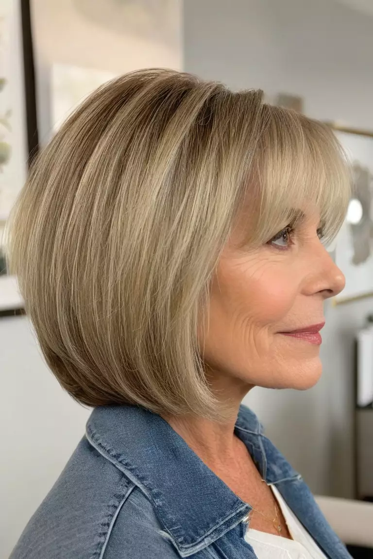 A photo of a 62-year-old Sharon, classic bob with subtle layers, side view, living room background