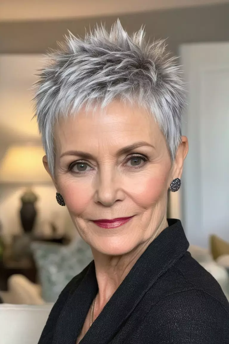 A photo of a 61-year-old Kathleen, spiky silver pixie haircut, front view, living room background