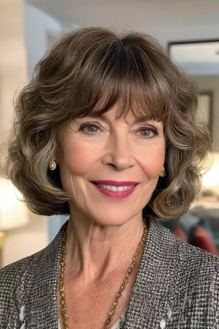 Wavy Bob with Bangs A photo of a 55-year-old Elizabeth, wavy bob with bangs, front view, living room background