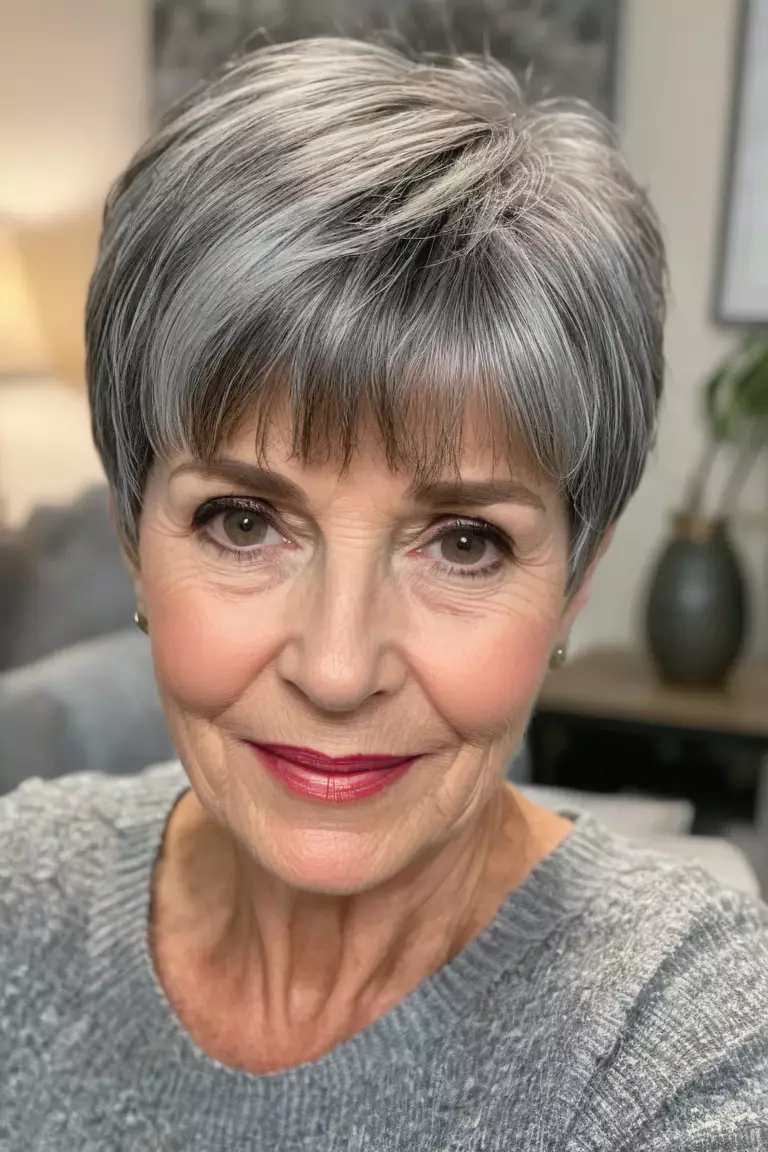 Rounded Pixie with Bangs A photo of a 59-year-old Helen, gray rounded pixie with bangs, front view, living room background