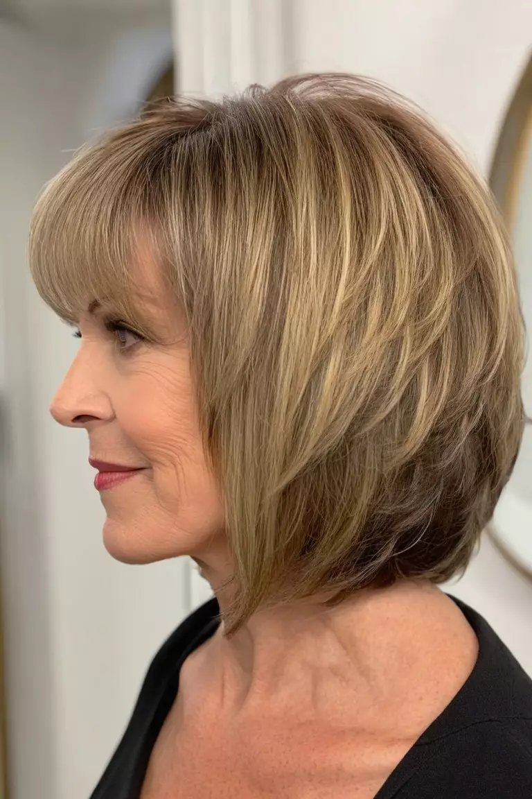 Layered Bob with Side Swept Bangs A photo of a 58-year-old Rebecca, layered bob with side swept bangs, side view, living room background