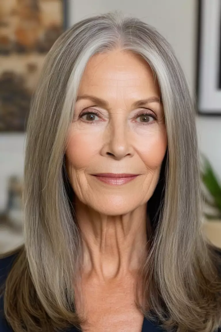 A photo of a 62-year-old Judy, long straight hair with subtle face-framing highlights, front view, living room background