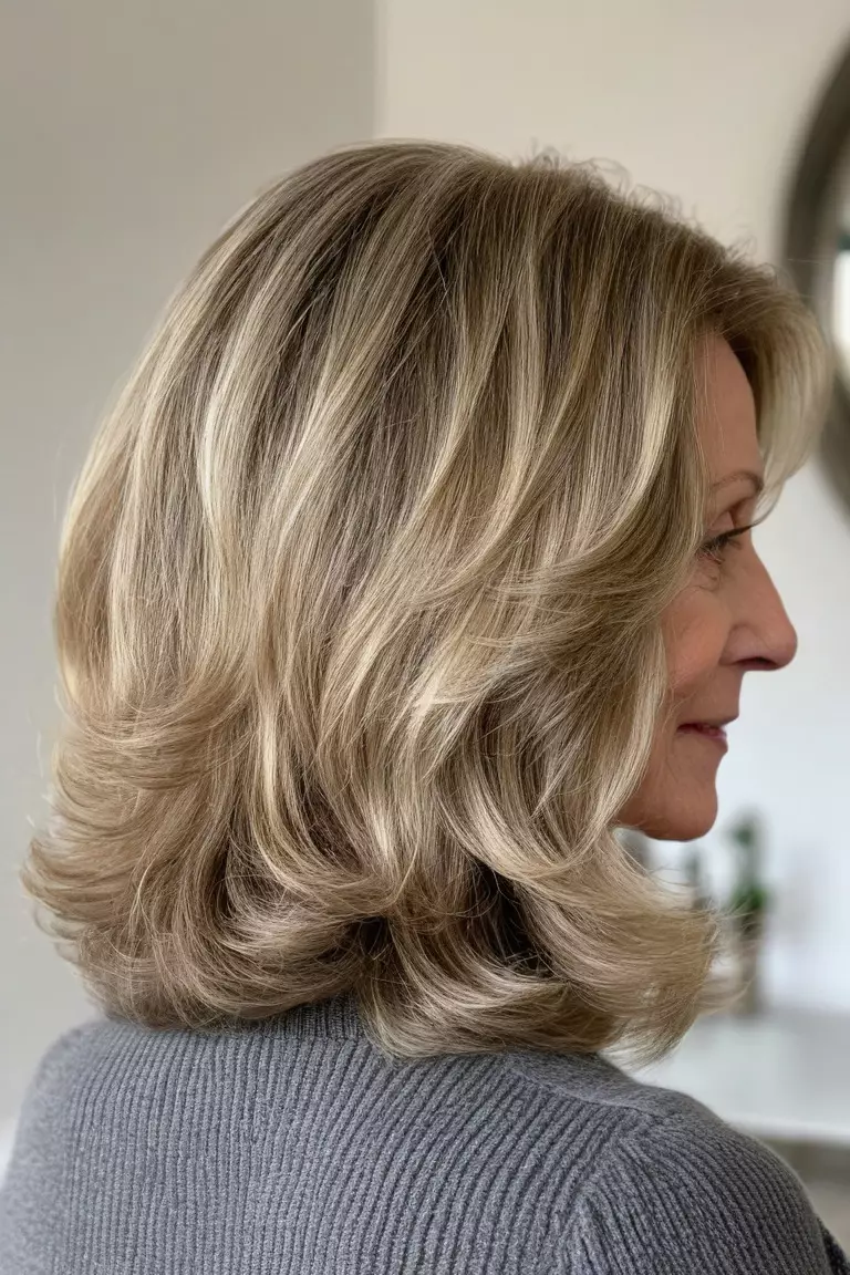 Soft Shoulder-Length Waves A photo of a 63-year-old Catherine, soft shoulder-length waves with subtle layers, back view, living room background