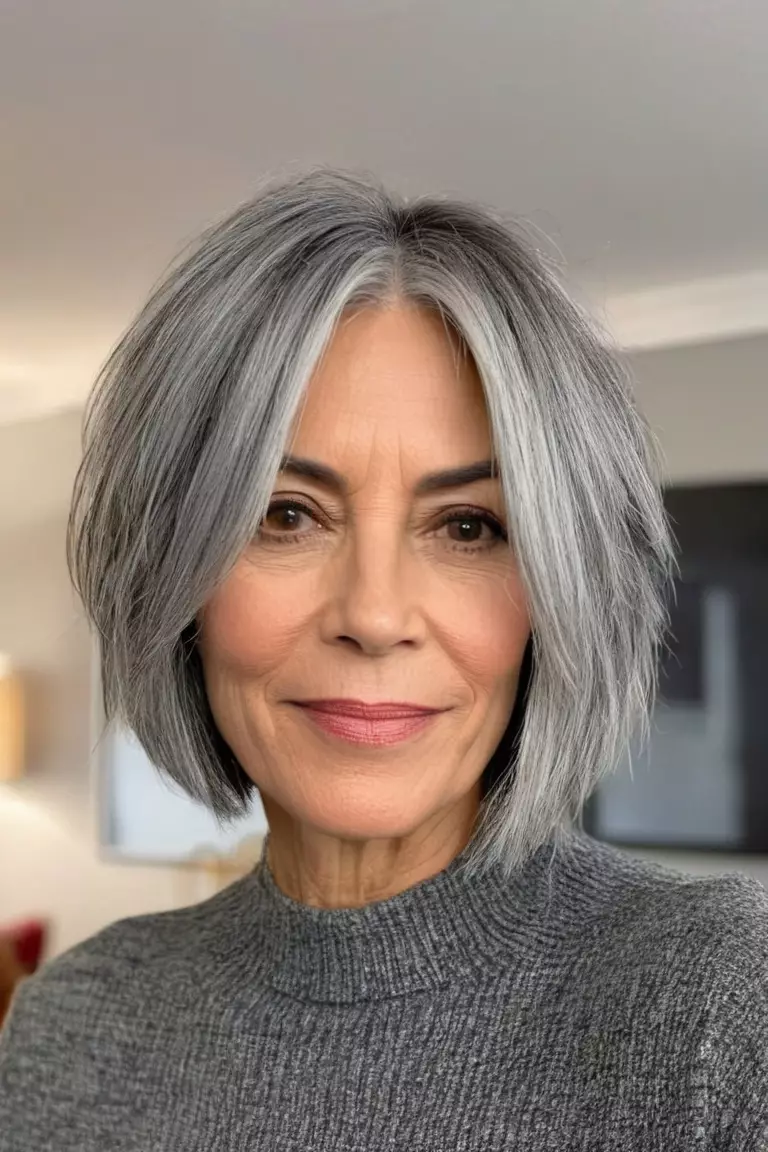 Blunt Layered Choppy Bob A photo of a 51-year-old Maria, blunt layered choppy gray bob, front view, living room background