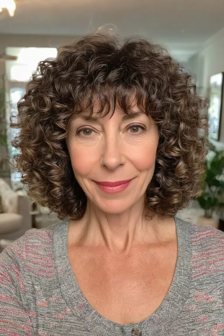 Shoulder-Length Tapered Curls with Bangs A photo of a 52-year-old Helen, shoulder-length tapered curly hair with bangs, front view, living room background