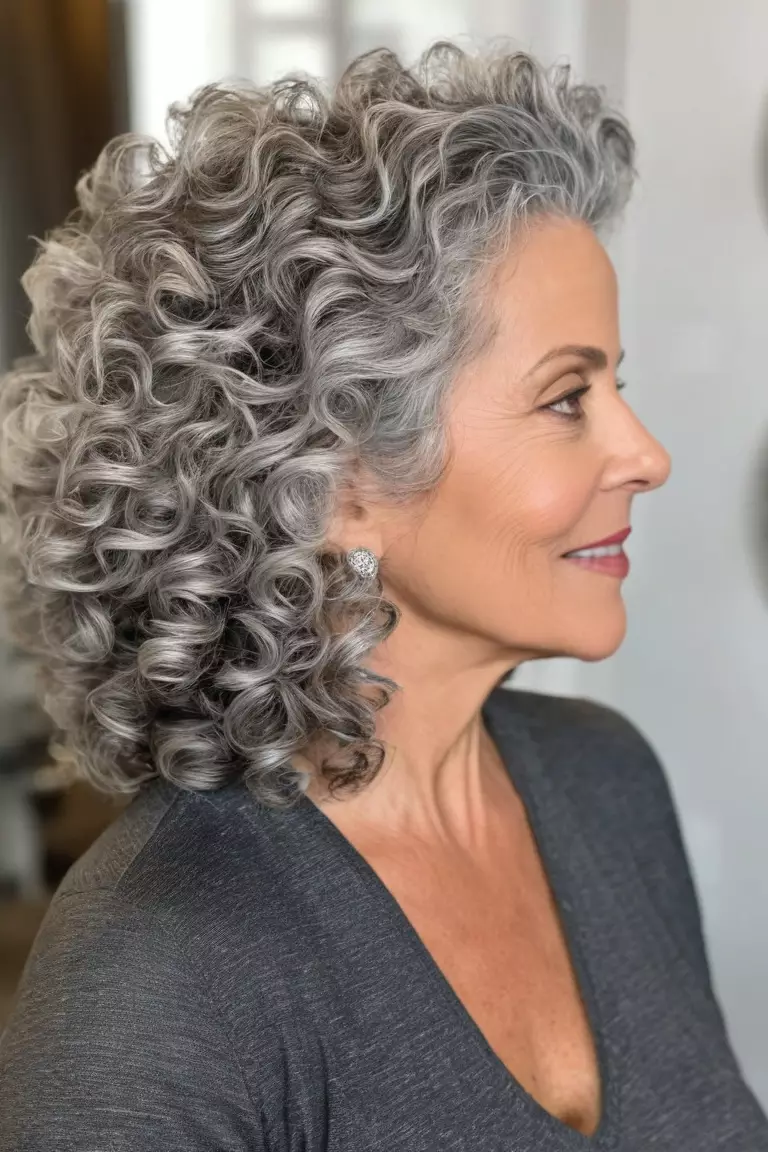 Layered Gray Curls A photo of a 51-year-old Judy, layered gray curls, side view, living room background