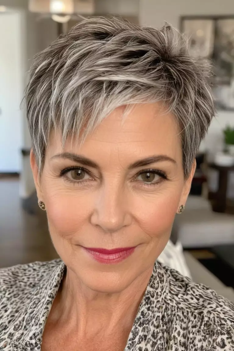 Short Textured Pixie A photo of a 53-year-old Sharon, short textured pixie cut, front view, living room background