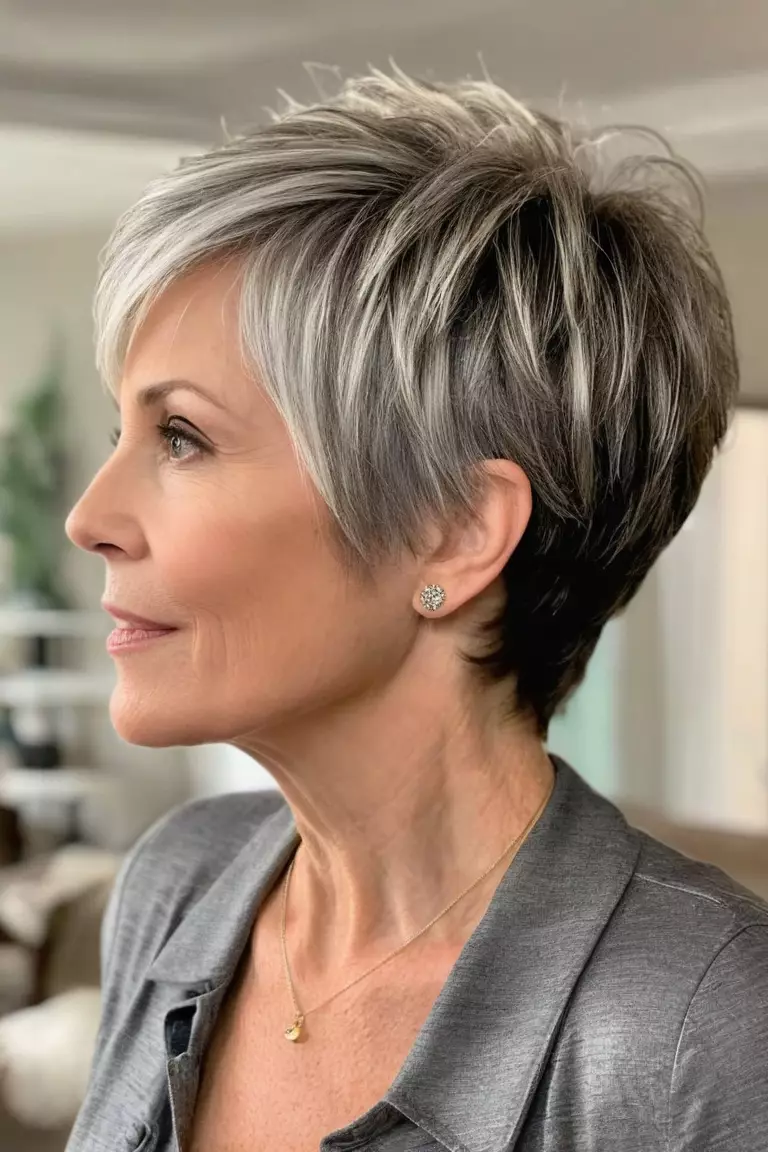 Long Layered Pixie A photo of a 56-year-old Amanda, long layered pixie cut, side view, living room background