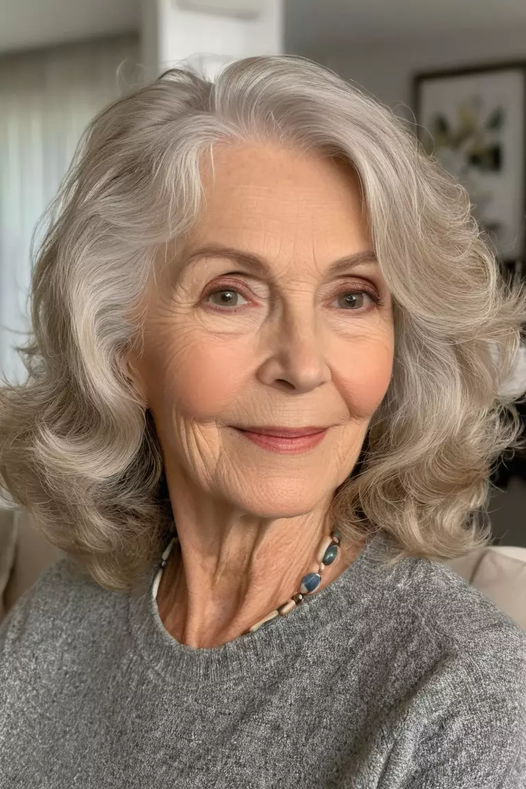 Soft Textured Waves A photo of a 69-year-old Doris, soft textured waves at shoulder length, front view, living room background