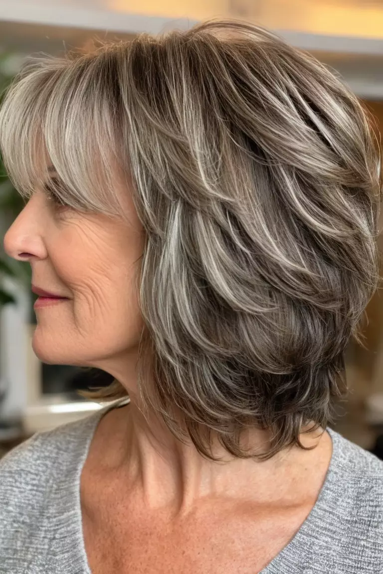 Tousled Layered Bob A photo of a 59-year-old Kathleen, tousled layered bob, side view, living room background