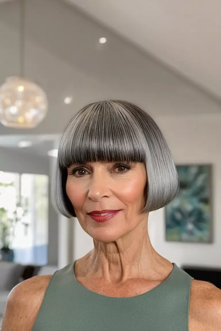 Sleek Bowl Cut A photo of a 52-year-old Denise, sleek silver bowl cut, front view, living room background