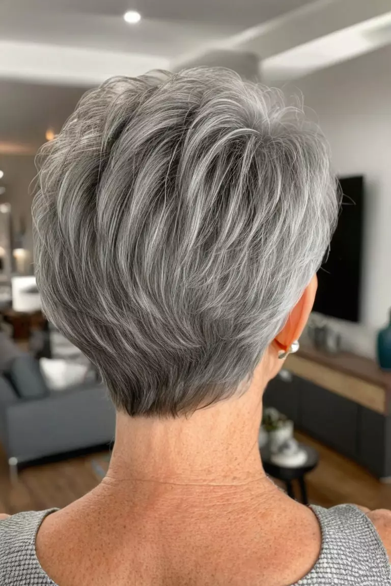 A photo of a 67-year-old Shirley, tapered gray pixie haircut, back view, living room background