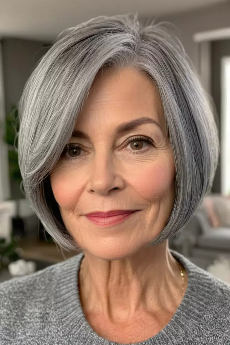 Short Face-Framing Rounded Bob A photo of a 57-year-old Donna, short face-framing rounded gray bob, front view, living room background