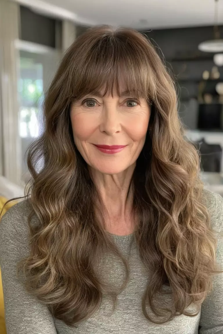 Long Waves with Bangs A photo of a 50-year-old Karen, long wavy hair with bangs, front view, living room background