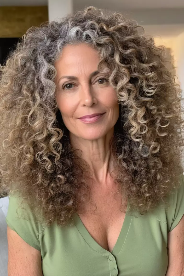 Natural Voluminous Curls A photo of a 51-year-old Barbara, natural voluminous curly hair, front view, living room background