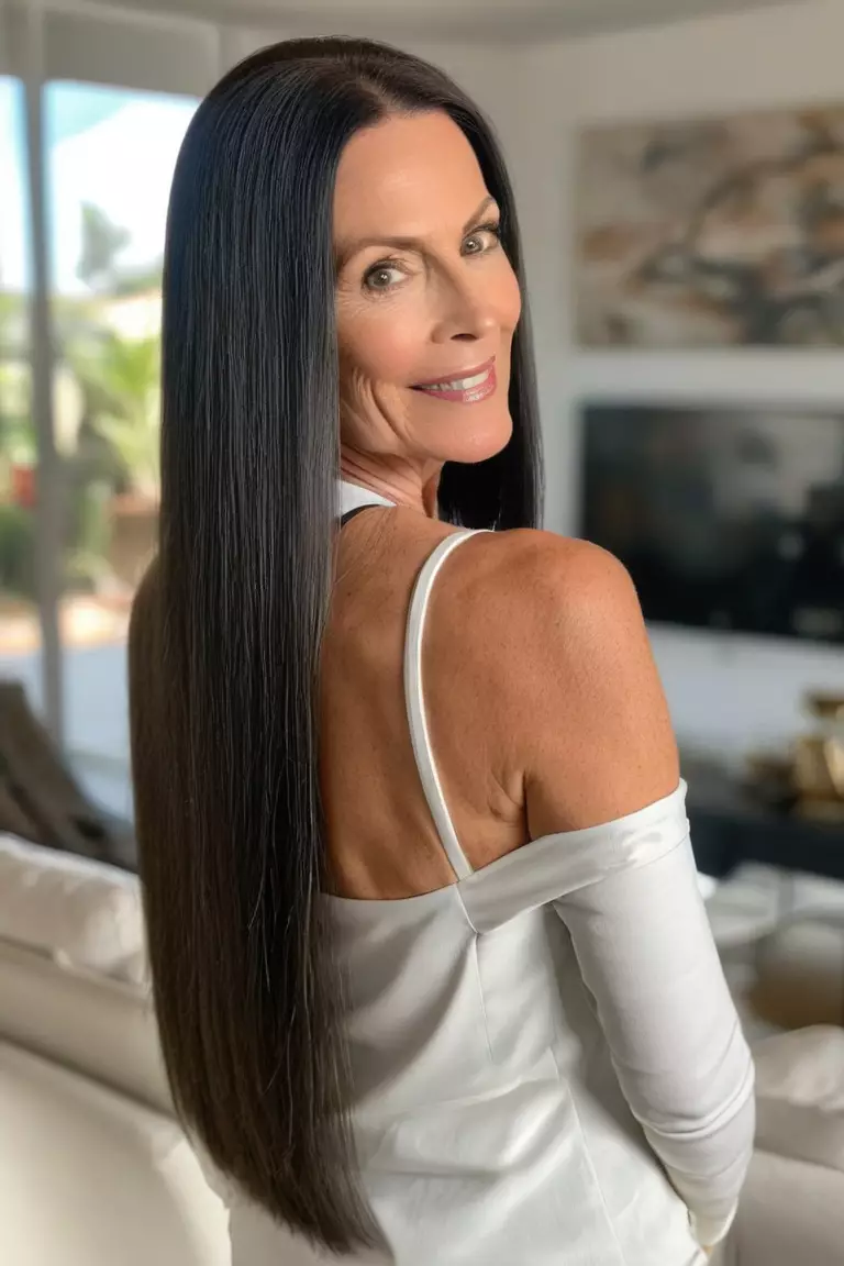 A photo of a 61-year-old Deborah, sleek straight long hair, back view, living room background