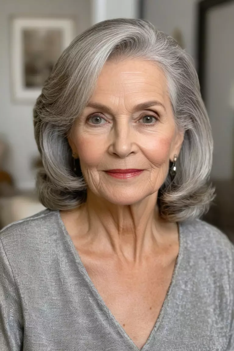 A photo of a 64-year-old Elizabeth, textured face-framing silver layers, front view, living room background