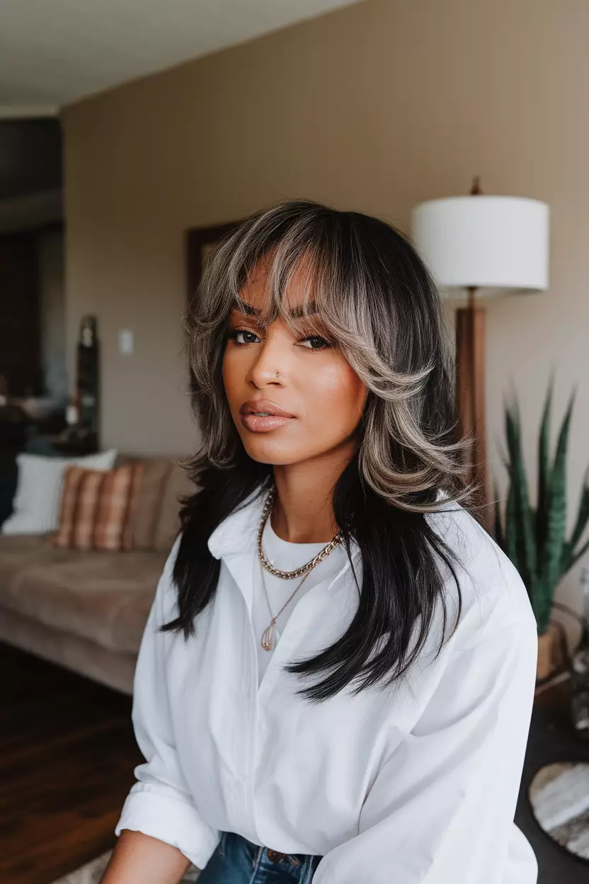 A beautiful woman with ghost layered hair, living room background