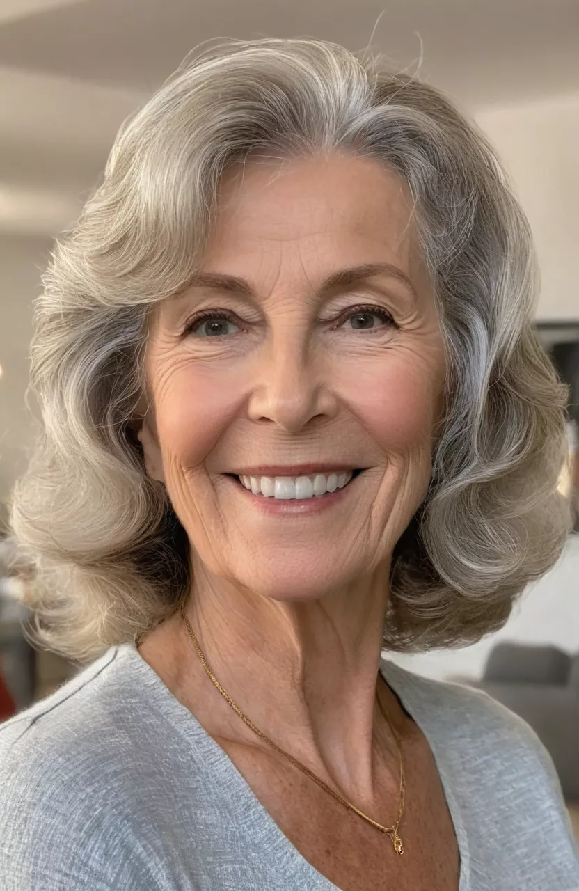 Soft Waves A photo of a 65-year-old Linda, soft waves, front view, living room background
