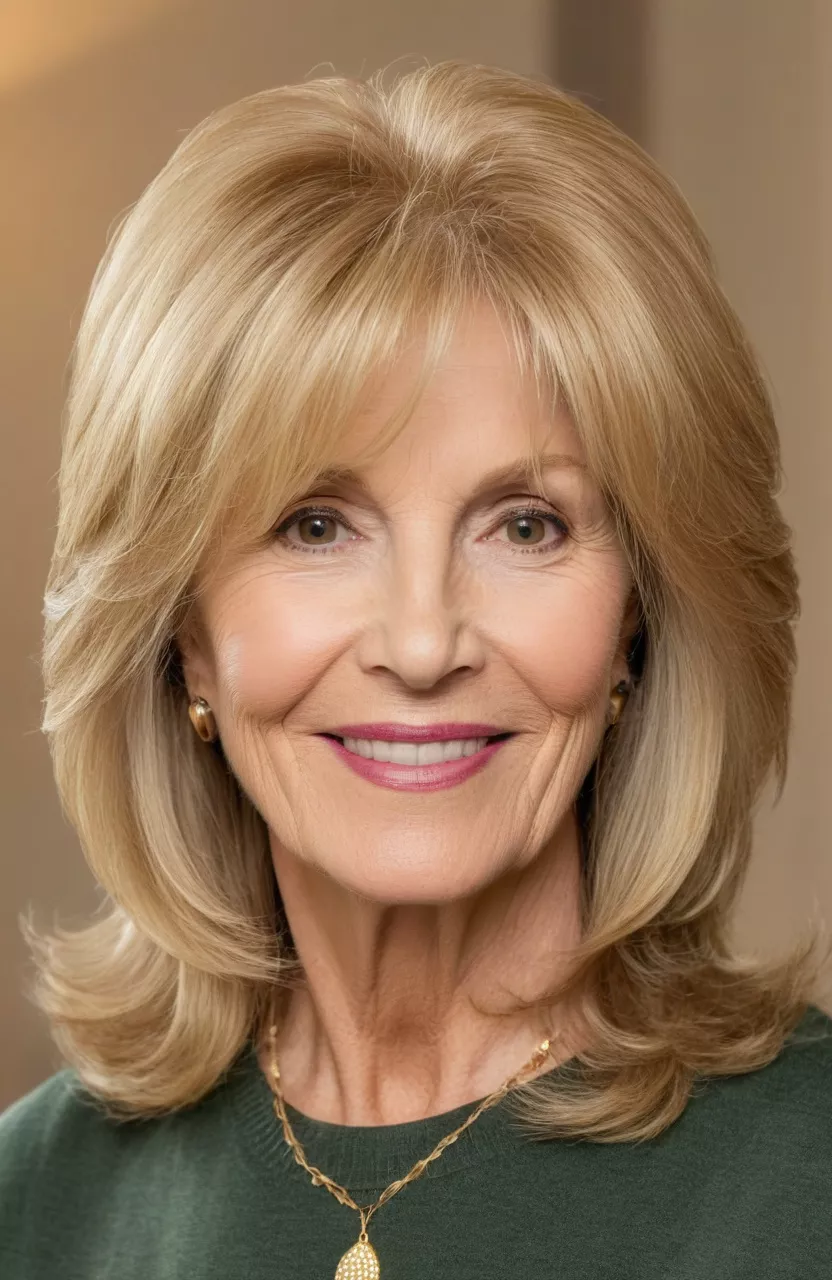 A photo of a 67-year-old Donna, golden blonde medium-length layers, front view, living room background