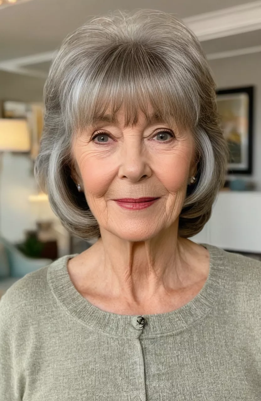 A photo of a 70-year-old Angela, bob with wispy bangs, front view, living room background
