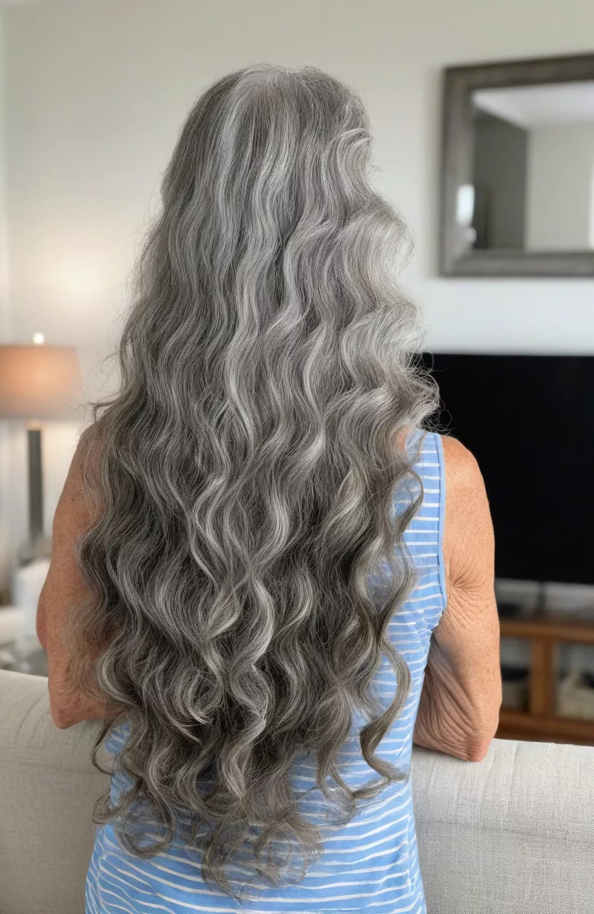 A photo of a 69-year-old Dorothy, natural salt and pepper wavy long hair, back view, living room background