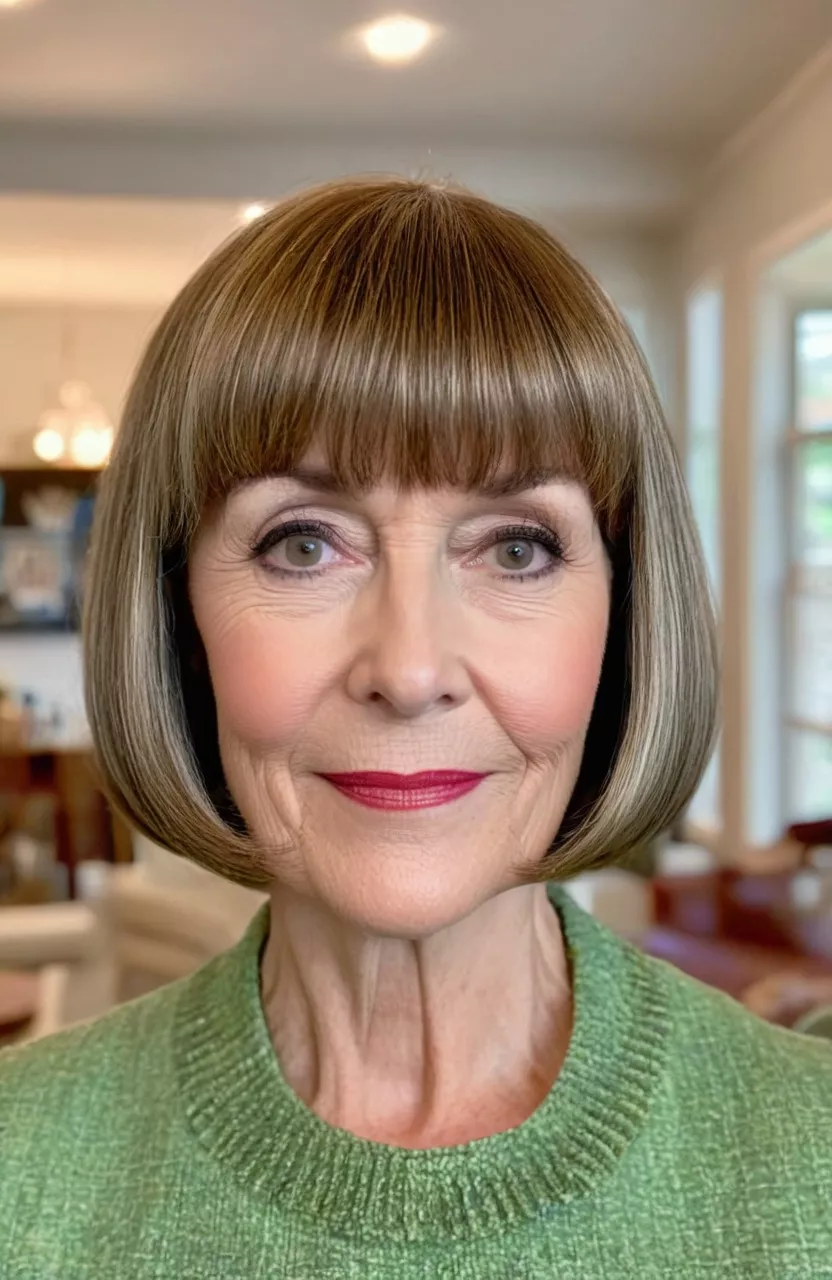 Vintage Bob with Bangs A photo of a 57-year-old Rachel, vintage bob with bangs, front view, living room background