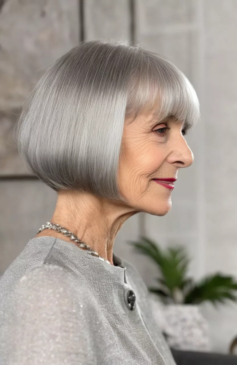A photo of a 70-year-old Linda, French silver bob with subtle undercut and blunt bangs, side view, living room background