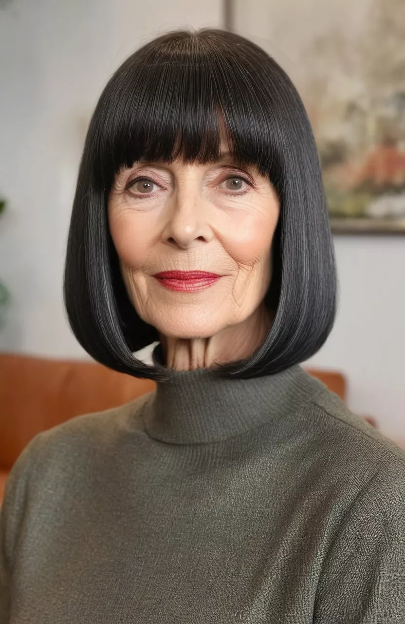 A photo of a 70-year-old Deborah, sleek long bob with blunt bangs, front view, living room background