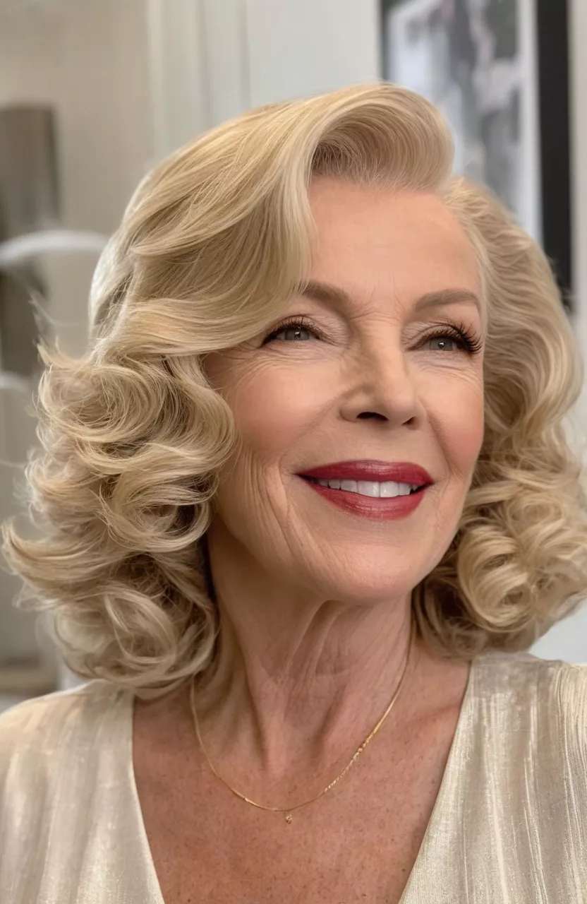 A photo of a 53-year-old Marilyn, champagne blonde medium-length waves, side view, living room background