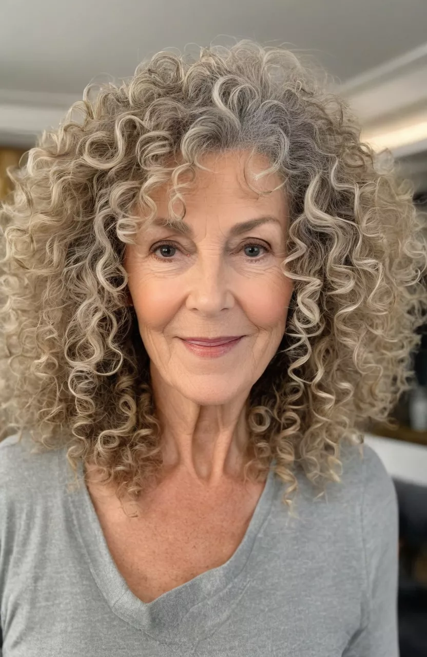Natural Curls A photo of a 66-year-old Christine, natural curls, front view, living room background