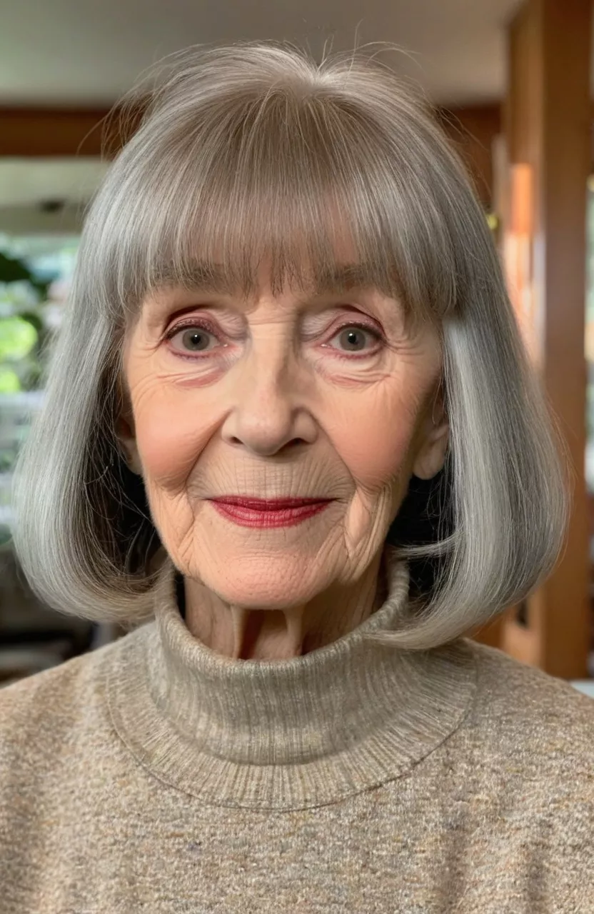 A photo of a 77-year-old Rachel, bob with wispy blunt bangs, front view, living room background