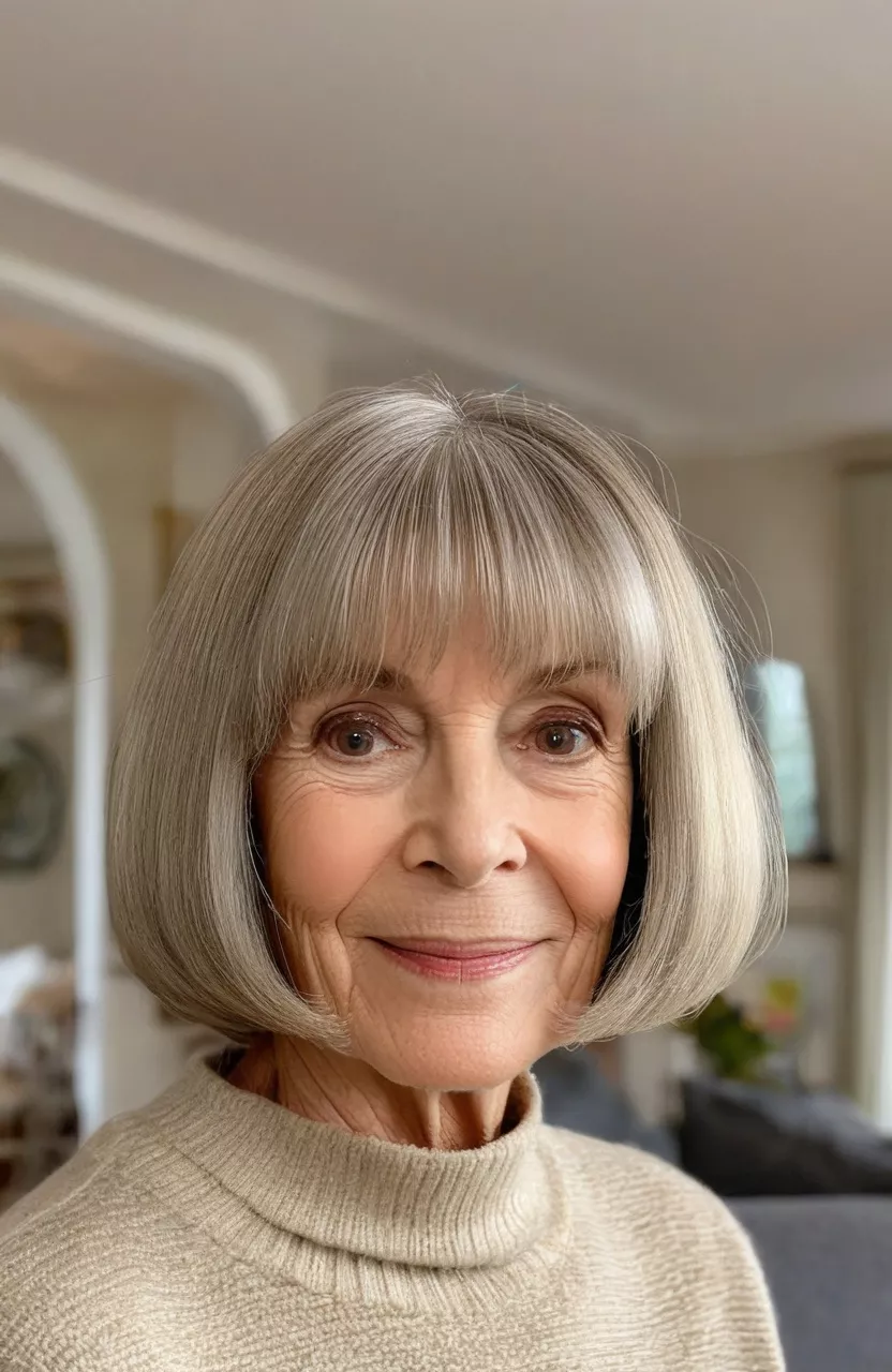 Soft Mushroom Bob A photo of a 67-year-old Deborah, soft mushroom bob, front view, living room background