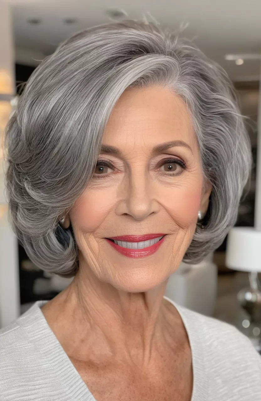 A photo of a 64-year-old Nancy, sleek gray bob with curled under ends, front view, living room background