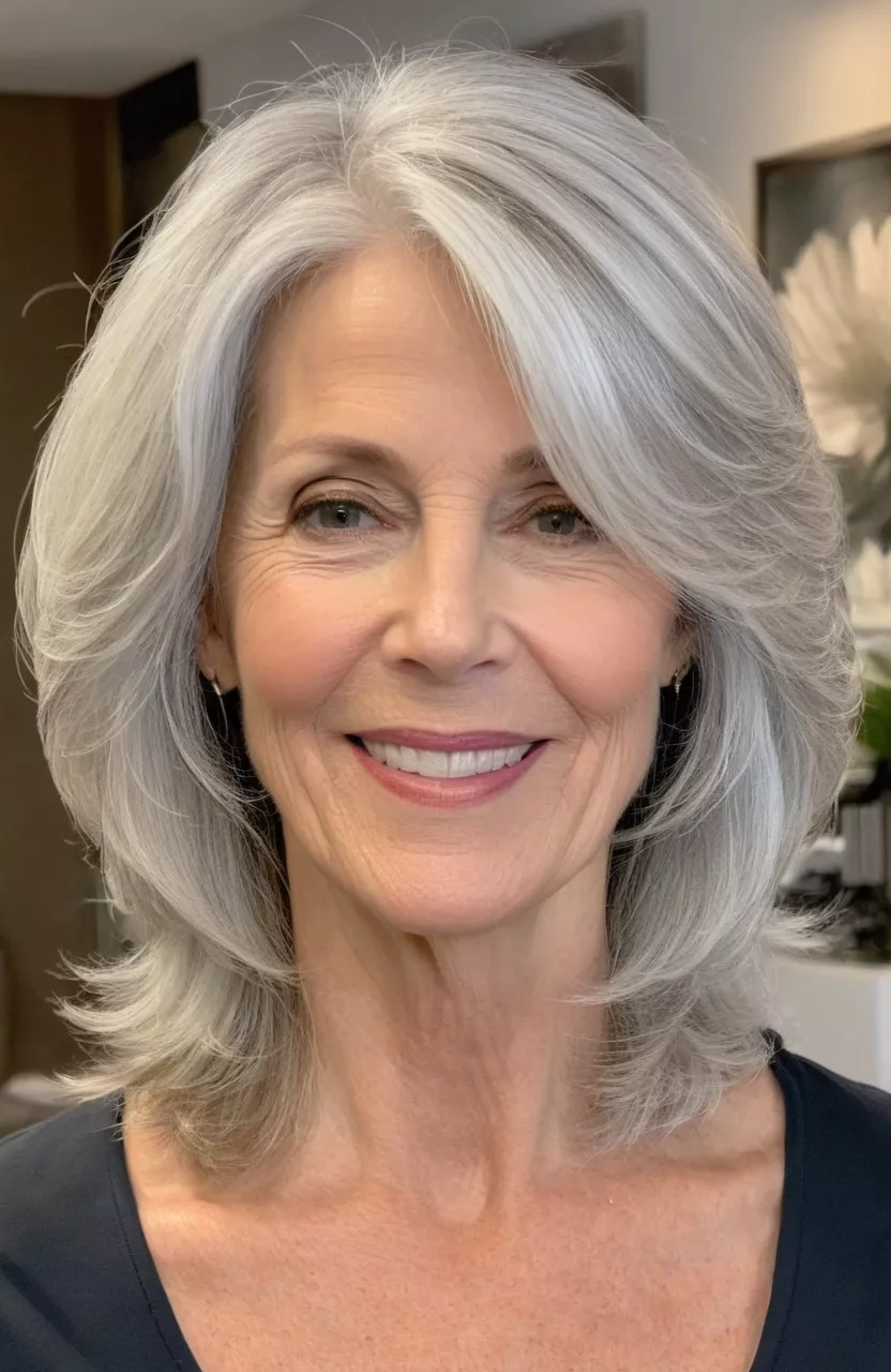 A photo of a 59-year-old Denise, silver blonde mid-length layers, front view, living room background