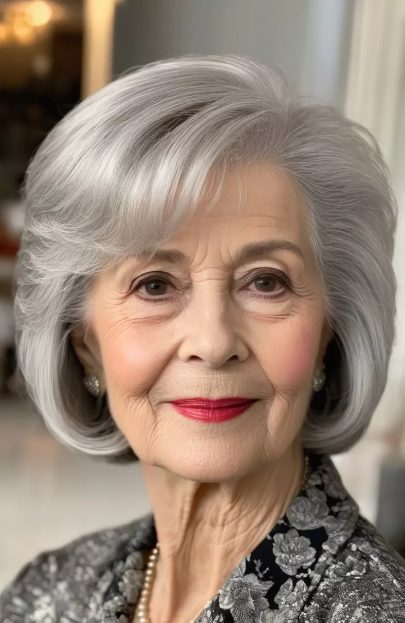 A photo of a 78-year-old Carol, fluffy silver bob with side-swept long bangs, front view, living room background