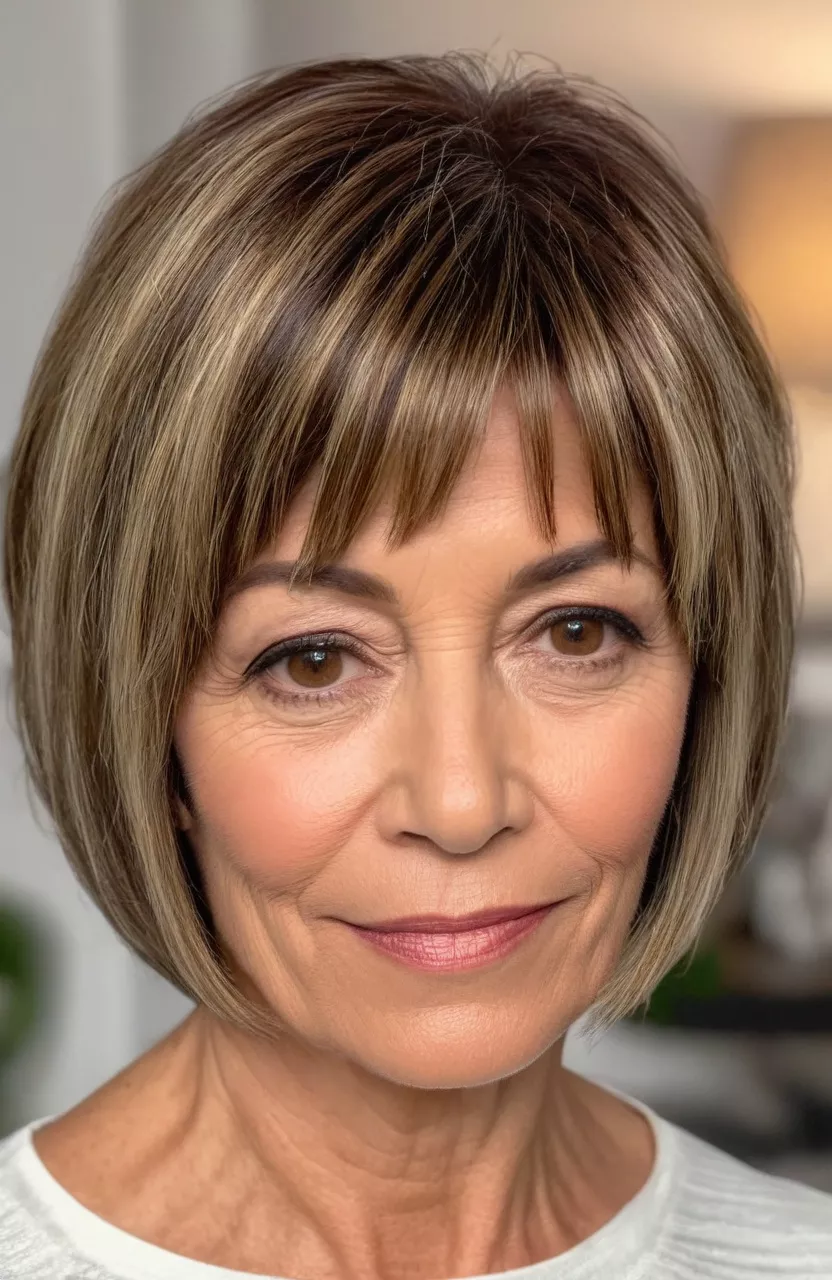 A photo of a 53-year-old Brenda, short brown bob with highlights, front view, living room background
